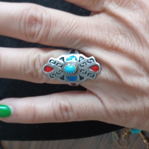 Southwest Boho Cactus Ring, southwest enamel & turquoise ring. Frog - Picture 3 of 5